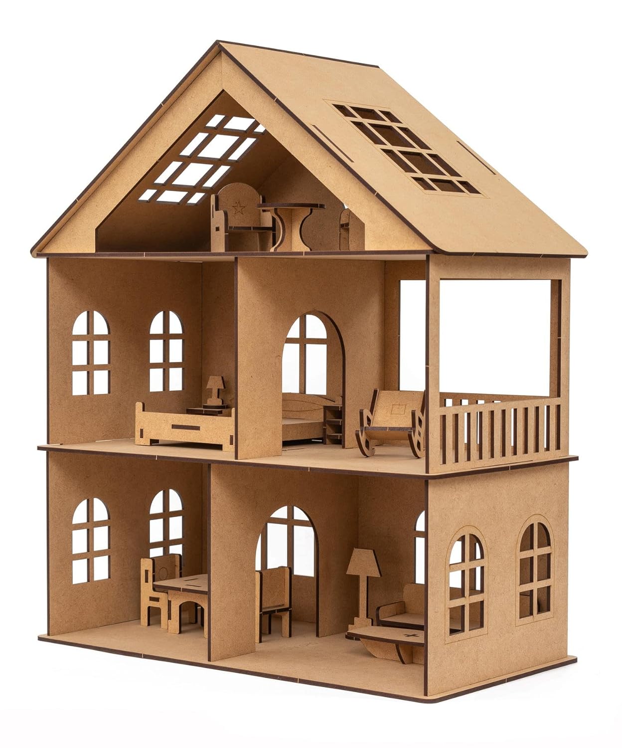 Wooden Toy House with Furniture for Kids (Free Paint Set)